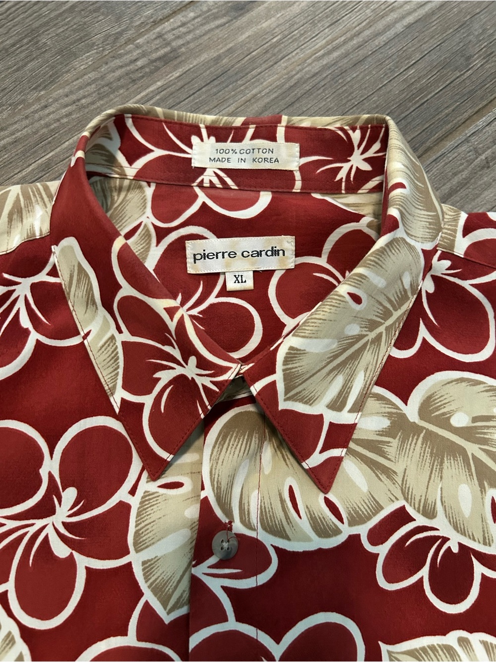 Pierre Cardin Red Button-Down Hawaiian Shirt, Tropical Vacation Cream Leaf.
